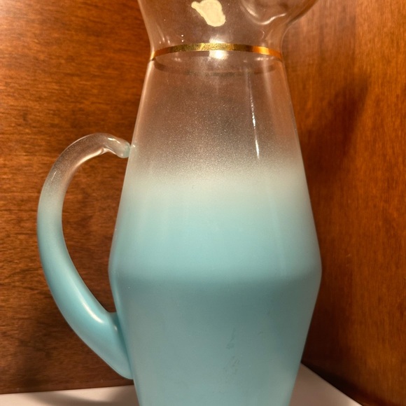 VTG West Virginia Glass Turquoise Blue Frosted Blendo Pitcher Gold Band 9.25" - Picture 5 of 6